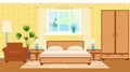 Flat style otel room interior with furniture, houseplant, ocean
