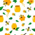 Vector illustration pattern. Bee, wasp, honey in flat style