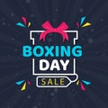 Flat style poster design with Boxing Day Sale text on gift box decorated with geometric elements on blue rays background