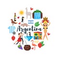 Flat style round composition of Argentina national cultural symbols.