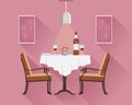 Flat style round restaurant table for two with white cloth, wine glasses, bottle of wine, plate and vase. Restaurant table. Royalty Free Stock Photo