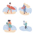 Flat style set of surfing man woman child surfers color silhouettes with waves surfboard and seashore. Minimalism design people Royalty Free Stock Photo