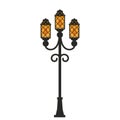 Flat style streetlamp set. Urban road lights and classic park street lamps. Simple and elegant pole with yellow lantern
