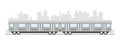 Flat style subway train with city landscape behind isolated on white background. Side view cartoon vector illustartion Royalty Free Stock Photo