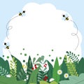 Flat style summer or spring background with leaves, flowers and flying bees Royalty Free Stock Photo