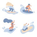 Flat style surfers color simple silhouettes with waves set of surfing man and woman with long hair. Minimalism design of wave