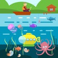 Flat Style Underwater Life with Fisherman on a boat Vector