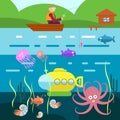 Flat Style Underwater Life with Fisherman on a boat Vector Royalty Free Stock Photo