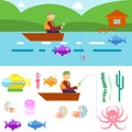 Flat Style Underwater Life with Fisherman on a boat Vector Royalty Free Stock Photo