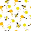 Cartoon vector illustration pattern of bee, wasp, honey in flat style.