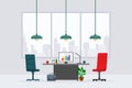 Flat style vector empty office working place, table, desk, red chair, computer, desktop, plant, lamp isolated on cityscape Royalty Free Stock Photo