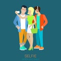 Flat style vector friends making selfie: blond girl and hipster