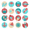 Flat style vector icon set. Set of colorful beach icons swimsuit, sea, hat, sunscreen, tan, cocktail, drink, glass Royalty Free Stock Photo