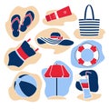 Flat style vector icon set. Set of colorful beach icons swimsuit, sea, hat, sunscreen, tan, cocktail, drink, glass, beach umbrella Royalty Free Stock Photo