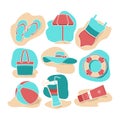 Flat style vector icon set. Set of colorful beach icons swimsuit, sea, hat, sunscreen, tan, cocktail, drink, glass, beach umbrella Royalty Free Stock Photo