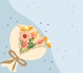 Flat-style vector illustration of a blossoming flower bouquet a blue background.Tulip, chamomile, rose and wildflowers Royalty Free Stock Photo