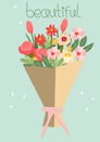 Flat-style vector illustration of a blossoming flower bouquet a blue background.Tulip, chamomile, rose and wildflowers Royalty Free Stock Photo