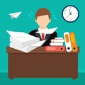 Flat style vector illustration. Busy cluttered office table. Hard work. Office interior.