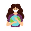 Flat style vector illustration of a girl and world wearing protective mask to protect Coronavirus holding earth