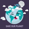 Flat style vector isolated illustrations.. Earth day concept. Human hands holding floating globe in space. Save our