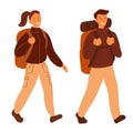 Flat style. Walking man and woman, tourists with a big backpack. Pastel colors. People go hiking.