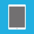 Flat style white tablet with camera and menu button, empty grey screen. Classic front view tablet on blue background eps10 Royalty Free Stock Photo