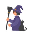 Flat style witch with broom and black cat.