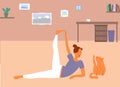 Flat style, a woman with a cat. Sport at home. Yoga pose. Cat cleaning itself by lick. cute fun picture. Elegant poses