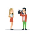 Flat style woman journalist correspondent vector illustration. Female with microphone, operator removes camcorder video. TV statio Royalty Free Stock Photo