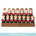 Flat style Women`s choir in two raws with black suits and red cover notes isolated