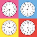 Flat style yellow, blue, pink and red analogue clock collection