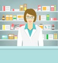 Flat style young pharmacist at pharmacy opposite shelves of medicines Royalty Free Stock Photo