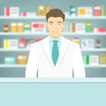 Flat style young pharmacist at pharmacy opposite shelves of medicines Royalty Free Stock Photo