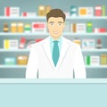 Flat style young pharmacist at pharmacy opposite shelves of medicines