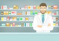 Flat style young pharmacist at pharmacy opposite shelves of medicines Royalty Free Stock Photo