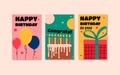 Flat stylish birthday card design. Set of greeting templates with balloons, cake and gift. Vector illustration Royalty Free Stock Photo