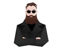 Flat stylized cartoon character Hipster Man with beard in black coat in sunglasses