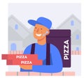 Flat stylized illustration of a pizza delivery man