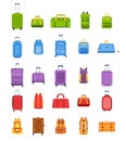 Flat suitcases. Luggage and handle bags, backpacks, leather case, travel suitcase and bag for trip, tourism and vacation
