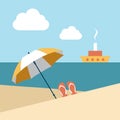 Flat summer beach. Umbrella wit boat.