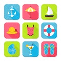 Flat Summer Holidays and Resort Squared App Icons Set Royalty Free Stock Photo