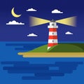 Flat summer vector night landscape. Travel and sailing concept template with moon, sea, lighthouse. Outdoor Tourism Royalty Free Stock Photo