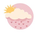 Flat sun behind cloud over pink sky with hearts rain isolated on white Royalty Free Stock Photo