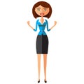 Flat surprised business woman throwing up his hands. Young confident business lady approving something. Cheerful business girl joy