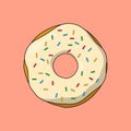 Flat Sweet Yummy Creamy white Donut with Prinkles Illustration Vector Icon