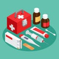 Flat symbols for ad about pharmacy, medical items