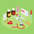 Flat symbols for ad about pharmacy, medical items