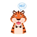 Flat greeting smiling tiger say Hi portrait. Royalty Free Stock Photo