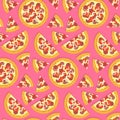 Flat tasty italian pizza pattern on pink