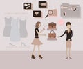 Flat of technology concept,The sale staff helpping customers and analysing her in the same time - vector